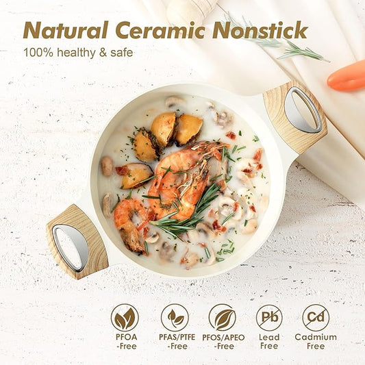 SENSARTE Ceramic Nonstick Stock Pot with Lid, 2.6/4.5/6.6 QT Soup Pot Casserole Pot, Non-toxic Healthy Pasta Pot, Large Cooking Pot Stew Pot, Induction Compatible, PFOA PFAS PTFE Free, White
