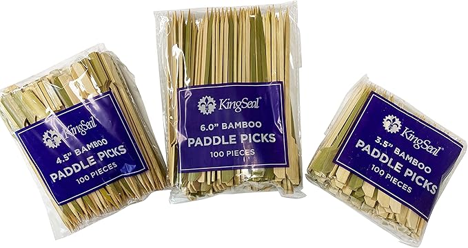 200 Count | KingSeal Natural Green Bamboo Wood Paddle Picks, Skewers for Appetizers and Cocktails, 4.5 Inches - 2 Packs of 100