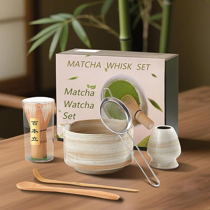 Matcha Whisk Set, Ceramic Matcha Set with Bowl, Matcha Whisk and Holder, Sifter, Bamboo Spoon, Scoop, 6Pcs Ceremony Matcha Kit for Tea Lovers Making Breakfast/Latte