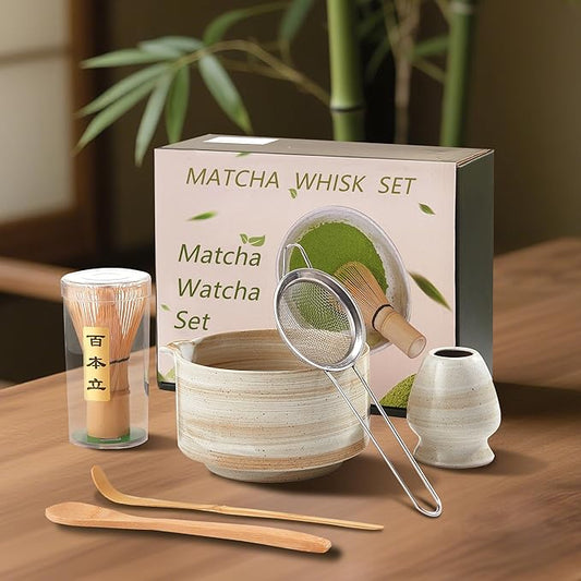 Matcha Whisk Set, Ceramic Matcha Set with Bowl, Matcha Whisk and Holder, Sifter, Bamboo Spoon, Scoop, 6Pcs Ceremony Matcha Kit for Tea Lovers Making Breakfast/Latte