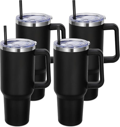 DOMICARE 40 oz Tumbler with Handle and Straw, Stainless Steel Tumbler with Lid and Straw, Reusable Vacuum Insulated Cup, Travel Coffee Mug, Black, 4Pack