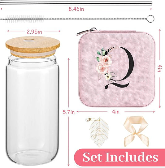 AYGXU personalized jewelry box,iced coffee glass,bridesmaid gifts,gifts for women,aesthetic cups,Travel Gifts for Teacher,best teacher appreciation gifts,Initial Q pink
