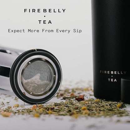 Firebelly Tea, Travel Tea Infuser Mug with Strainer, Insulated Tumbler for Loose Leaf Tea or Coffee, Leakproof Bottle for Hot or Iced Drinks, Stainless Steel Thermos with Lid, Noir