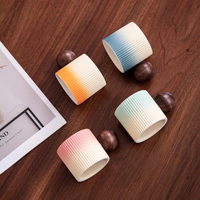 Ceramic Mini Espresso Cups Demitasse Cups with Round Wooden Handle Vertical Stripes Tea Cups (Beige&Pink, 2pcs)