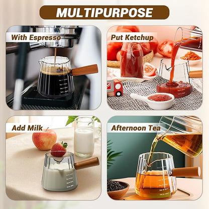 Espresso Measuring Cup 6 Oz, Espresso Glass Cups with Wood Handle, Milk Frothing Cup, Espresso Cup for Coffee, Milk, Tea or Maple Syrup Serving