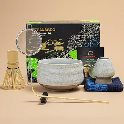 TEANAGOO Matcha Whisk Set, 7 Pcs Matcha Set, Matcha Kit for Ceremony, Matcha Tea Set for Making Breakfast/Latte, Matcha Whisk Set and Ceramic Bowl with All Accessories, Gift for Matcha Lover