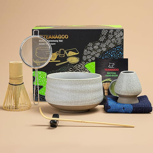 TEANAGOO Matcha Whisk Set, 7 Pcs Matcha Set, Matcha Kit for Ceremony, Matcha Tea Set for Making Breakfast/Latte, Matcha Whisk Set and Ceramic Bowl with All Accessories, Gift for Matcha Lover