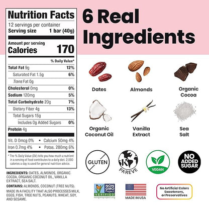 Bahamii Snack Bars, Made with Dates & Nuts, Healthy Snacks, Gluten Free, Good Source of Fiber, Only 6 Ingredients, For Kids & Adults, No Added Sugar, Vegan, 12 Pack, Chocolate Almond