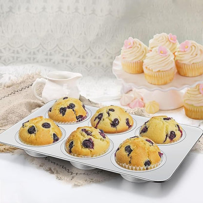 Homikit 2 Pack Muffin Pan, Stainless Steel Cupcake Baking Tin with 6 Cups Regular Size, 11.4 x 7 Inches Metal Egg Bites Tray for Toaster Oven, Rust Free & Non Toxic, Easy Release & Dishwasher Safe