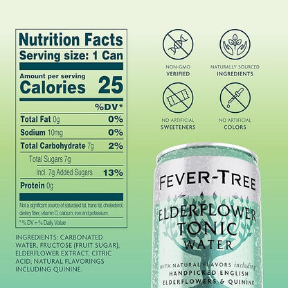 Fever-Tree Elderflower Tonic Water - Premium Quality Mixer - Refreshing Beverage for Cocktails & Mocktails. Naturally Sourced Ingredients, No Artificial Sweeteners or Colors - 5.1 Fl Oz Cans - Pack of 8
