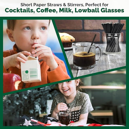 [500 Bulk] 5.75 inch Black Short Paper Straws, Stir Straws for Cocktail, Coffee, Mixed Drinks - Home, Bar and Restaurant Straws - 100% Biodegradable