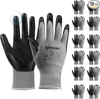 ANDANDA Smart Touch Work Gloves - 12 Pairs, 3D Comfort Stretch Fit, Nitrile Coated with Grip, Seamless Knit Nylon, Suitable for Warehousing, Logistics, Handling, Black (S)