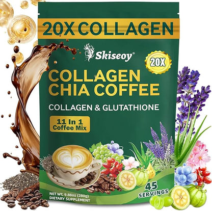20x Collagen Chia Coffee - 11-in-1 Coffee Shape Mix with Collagen & Chia Seeds, L-Glutathione for Skin, Hair, Joints - Boost Energy and Improve Focus, Vegan Friendly, 45 Servings