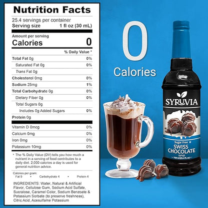 Syruvia Sugar Free Coffee Syrup, Swiss Chocolate Flavored Syrup for Drinks, Lattes, and Desserts – 25.4 fl oz, With Pump