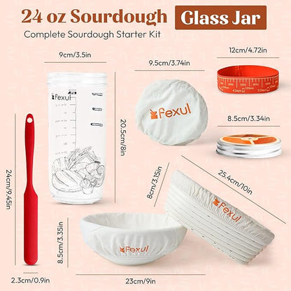 Sourdough Starter Kit with 9” Round & 10” Oval Banneton Bread Proofing Baskets, 24oz Starter Jar, Recipe Book & Tools – Complete Sourdough Bread Baking Supplies with Whisk, Scraper & Accessories