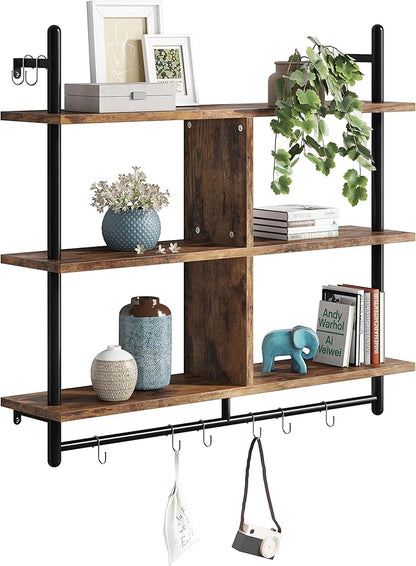 Bestier Floating Pipe Shelving Kitchen Shelves Wall Mounted 3 Tier 41.5" Ladder Coffee Bar Shelf Hanging with Circular Tube, Display Bookshelf Storage for Living Room Kitchen, Rustic Brown