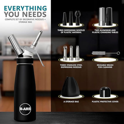 B-ARS Whipped Cream Dispenser-Professional Dispenser-Whip Cream Dispenser -Whipping Siphon-Whipped Cream Maker-Cream Whipper-Aluminum Whipped Cream Dispenser 500 ml.