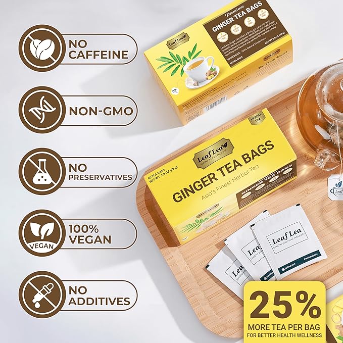 LeafLea 120 Ginger Tea Bags, 100% Pure Ginger Root Herbal Tea, Spicy & Warming Flavor, Supports Digestion & Immune Health, Individually Wrapped, Caffeine-Free, Sugar-Free, Gluten-Free, Non-GMO, Vegan
