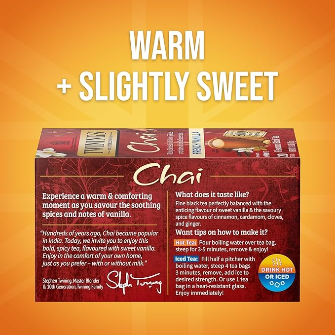 Twinings French Vanilla Chai Black Tea Individually Wrapped Bags, 20 Count (Pack of 6), Warm, Sweet & Spicy, Caffeinated, Enjoy Hot or Iced, 120 Teabags