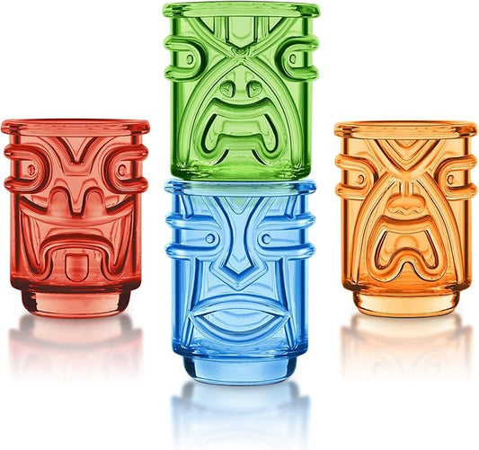 Final Touch Tiki Shot Glasses Set of 4 - Kanaloa, Lono, Kū, Kāne Designs, 2 oz (60 ml), Multicoloured, Stackable Totem Pole Storage, Durable Glassware for Tropical Shots (TK5402)
