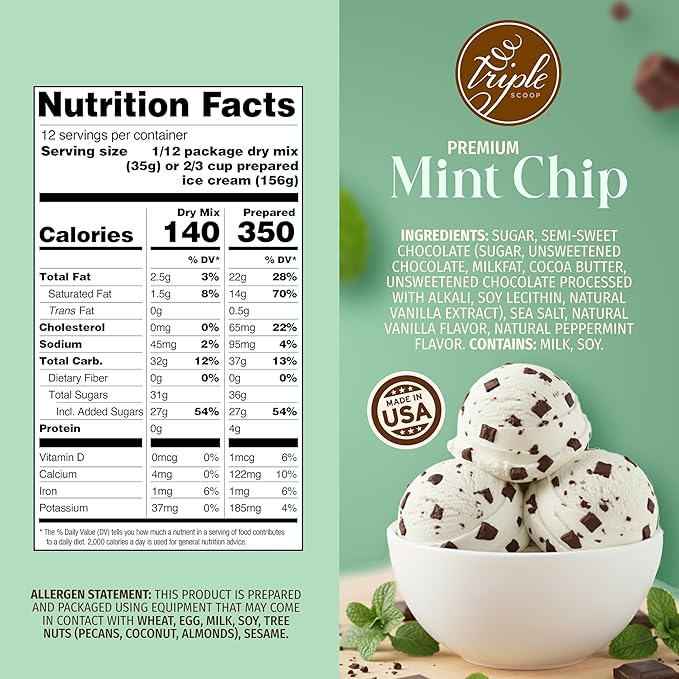 Triple Scoop - Premium Mint Choc Chip Ice Cream Mix For Ice Cream Maker. Simple, Easy, Delicious. From Gourmet Mix To Maker in 5 Min, Makes 2 Creamy Qrts, Made in USA (1 Pack, Mint Choc Chip)