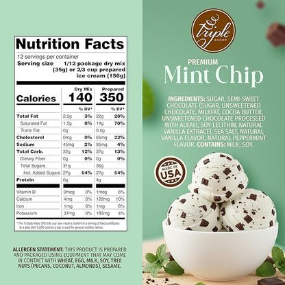 Triple Scoop - Premium Mint Choc Chip Ice Cream Mix For Ice Cream Maker. Simple, Easy, Delicious. From Gourmet Mix To Maker in 5 Min, Makes 2 Creamy Qrts, Made in USA (1 Pack, Mint Choc Chip)