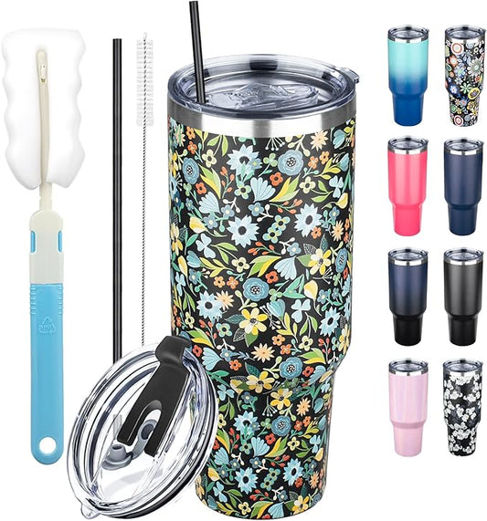 40 oz Tumbler with Lids and Straws, Stainless Steel Insulated Coffee Tumbler, Double Wall Vacuum Insulated Travel Mug Cup, Leakproof Thermal Coffee Cup for Hot and Cold Drinks (Blue Flower)