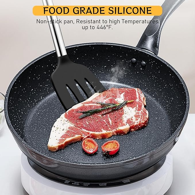 NileHome Pack of 3 Spatulas Silicone Heat Resistant, Cooking Utensils Set, Silicone Spatula BPA Free Cooking Utensils, Ideal Cookware for Fish, Eggs, Pancakes (Black)