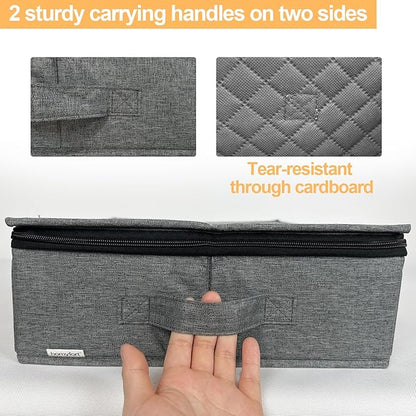 Platter Storage Case - Stackable China Storage Containers Hard Shell with Durable Zipper & Label & Sturdy Handles, 5.3” Height, Structured Top, 4 Felt Dividers Included (Dark Gray)