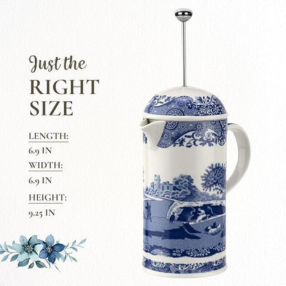 Spode Blue Italian French Press | 28-Ounce Capacity | Espresso, Coffee, and Tea Maker | Porcelain Cafetiere | Stainless Steel Plunger | Dishwasher Safe (Blue/White)