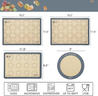 Silicone Baking Mat Set of 4, GUANCI Grade Food Baking mats Non-Stick Reusable Pizza Bakeware Mat for Making Macaroon, Pizza, Cookie, Pastry, Bread, Bun(Grey)