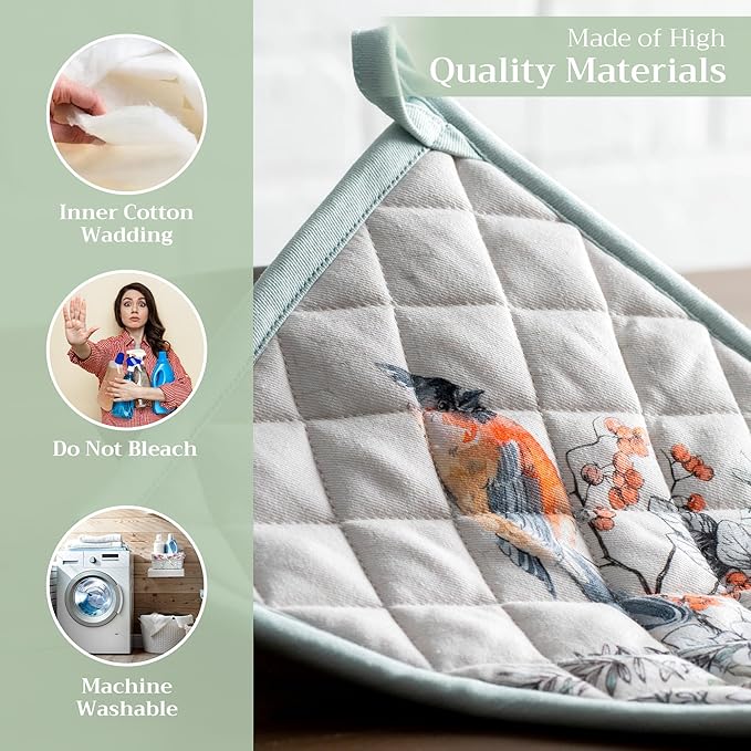 Maison d' Hermine Pot Holders Set 100% Cotton Heat Resistant Potholders 8" x 8" Hot Pads with Loop BBQ, Cooking, Baking, Grilling, Kitchen, Handling Hot Pans (Pack of 2, Whitish Shabby Chique)