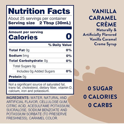 Jordan's Skinny Syrups Sugar Free Coffee Syrup, Vanilla Caramel Creme Flavor Drink Mix, Zero Calorie Flavoring for Chai Latte, Protein Shake, Food & More, Keto Friendly, 25.4 Fl Oz (Pack of 1)