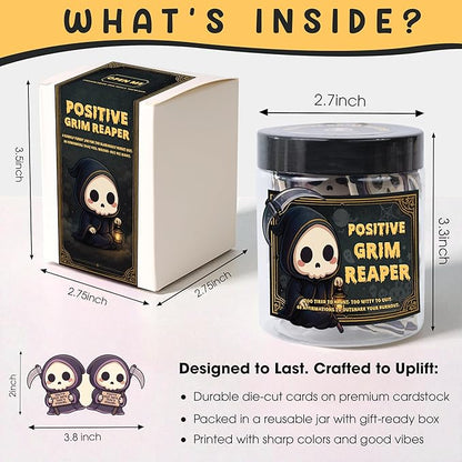 Positive Grim Reaper Jar – 60 Funny Emotional Support Grim Reaper, Dark Humor Spooky Gifts, Halloween Basket Stuffers for Adults Women Men, Halloween Gifts for Adults, Coworkers, Boo Basket Stuffers