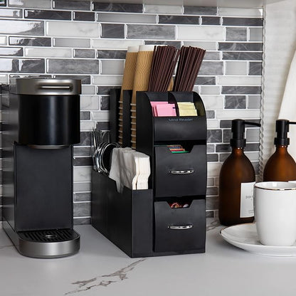 Mind Reader Cup and Condiment Station, Countertop Organizer, Coffee Bar, Kitchen, Stirrers, 5.35"W x 11.25"L x 11.15"H, Black