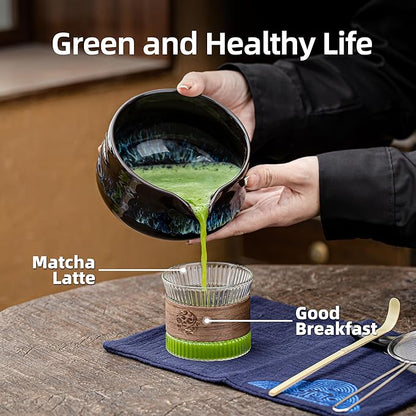 TEANAGOO Matcha Whisk Set, 7 Pcs Matcha Set Blue, Matcha Kit for Ceremony, Matcha Tea Set for Making Breakfast/Latte, Ceramic Matcha Bowl(chawan) whith Spout and Whisk, Gift for Friend/Family