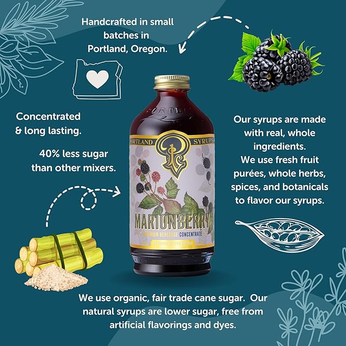 Portland Syrups Marionberry Syrup - Craft Pacific Northwest Fusion for Cocktails, Desserts, Soda, and More - 12 oz with 24 Servings (Pack of 2)