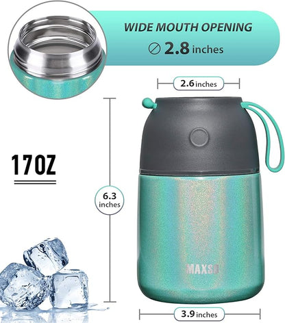 Insulated Food Jar for Hot & Cold Food for Kids Adult,17 oz Soup Thermo Hot Food Containers for Lunch, Triple Layer Insulation Stainless Steel Food Jar with Spoon (GPeacock)