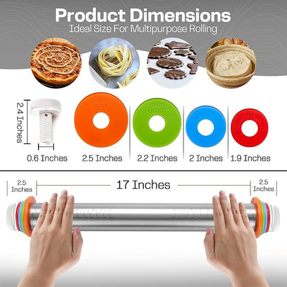 Adjustable Stainless Steel Rolling Pin with 4 Dough Thickness Rings & Non-Stick Red Pastry Mat – 17" Professional Tool for Baking Pizza, Pasta, Cookies & Pie Crusts