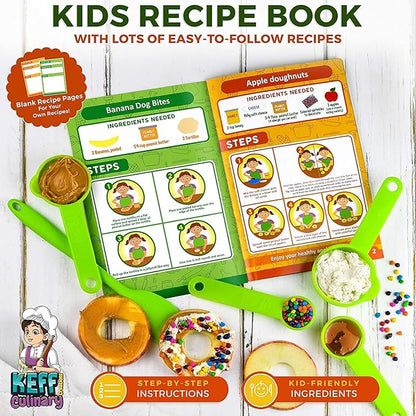 KEFF Kids Kitchen Set for Cooking & Baking with Recpie Book - Kids Knife Set for Real Cooking, Montessori Kitchen Tools for Toddlers - Real Utensils with Cutting Board and Knifes BPA-Free