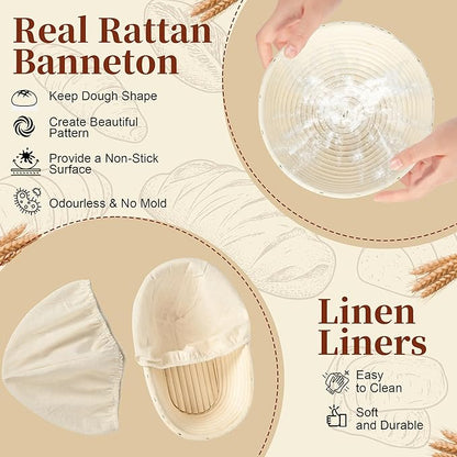 Sourdough Starter Kit, 9" Round & 10" Oval Banneton Bread Proofing Basket Set, Sourdough Starter Jar Glass, Complete Sourdough Bread Baking Supplies Making Tools Gifts for Bakers Women Mom