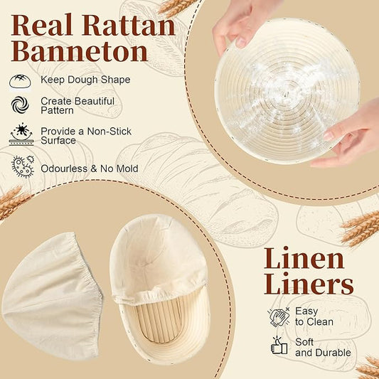 Sourdough Starter Kit, 9" Round & 10" Oval Banneton Bread Proofing Basket Set, Sourdough Bread Baking Supplies, Bread Making Tools Gift Set for Beginner Professional Bakers