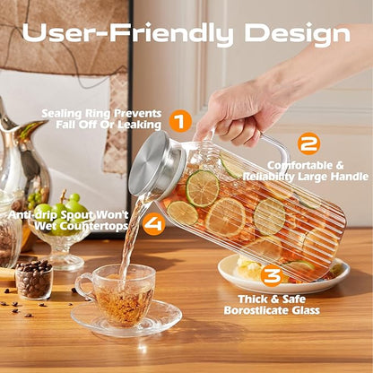 2 Liters/68oz 2 Pack Stripes Glass Pitcher with Lid and Handle for Bridge Door, Aofmee Borosilicate Glass Heat Resistant Dishwasher Safe Iced Tea Jar, Carafe with Scale Line for Hot/Cold Beverage