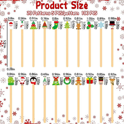 Mifoci 100 Pcs Christmas Wooded Coffee Stirrers Wood Cocktail Coffee Stir Sticks Disposable Stirring Sticks for Beverage Chocolate Hot Drink Party Supplies, 20 Styles (Vibrant Style)