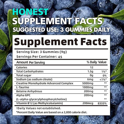 Creatine Monohydrate Gummies for Men & Women - 5g of Creatine Monohydrate per Serving - Sugar Free,Vegan, Blueberry Flavor, 135 Count.