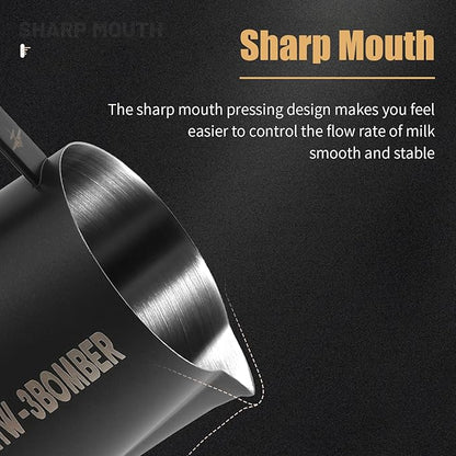 MHW-3BOMBER Milk Frothing Pitcher, 16oz/450ml Milk Frother Cup for Barista, SUS304 Stainless Steel Espresso Steaming Pitchers for Milk/Coffee/Latte Art, Matte Black, P3025B-OS