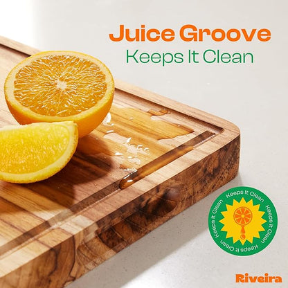 Riveira Teak Wood Cutting Board – Gourmet Teak Grandeur: 36 x 24 Wooden Cutting Board – Natural Wooden Cutting Boards For Kitchen Decorative – Innovative Juice Grooves Teak Wooden Chopping Board