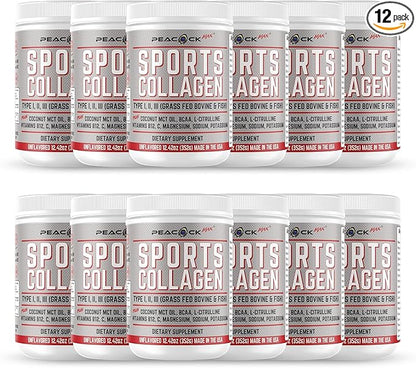 Sports Collagen Powder, 12.42 oz, Pack of 12 - Grass Fed Bovine & Wild Fish Hydrolyzed Type I, II, III Multi Collagen Peptides, Unflavored Protein Powder with Electrolytes