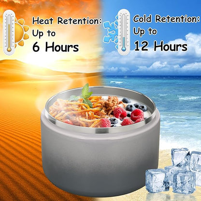 12oz Insulated Vacuum Food Jar with Buckle Lid Wide Mouth Soup Thermo for Hot Food Kids Leakproof Stainless Steel Lunch Container (Gradient Grey, 12OZ)