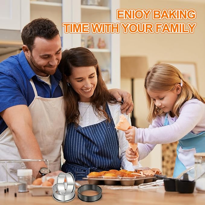 HARFINGTON 8pcs Crumpet Rings 3.94" Nonstick Round Cake Ring Stainless Steel Double Rolled English Pastry Rings for Kitchen Baking Crumpet Dessert, Black